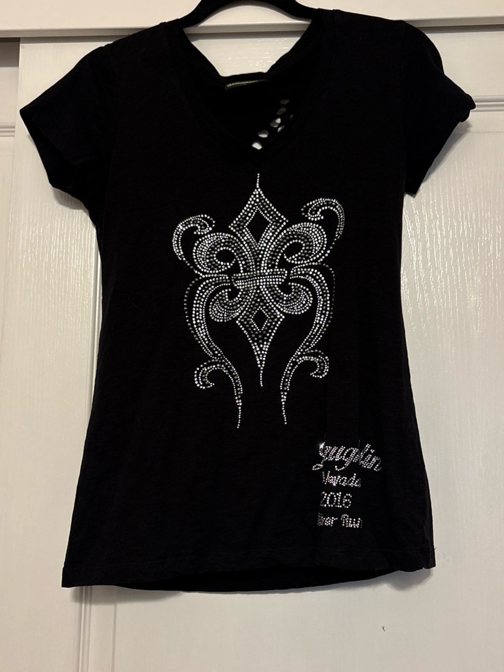 Black Rhinestone Embellished V-Neck Women's Top